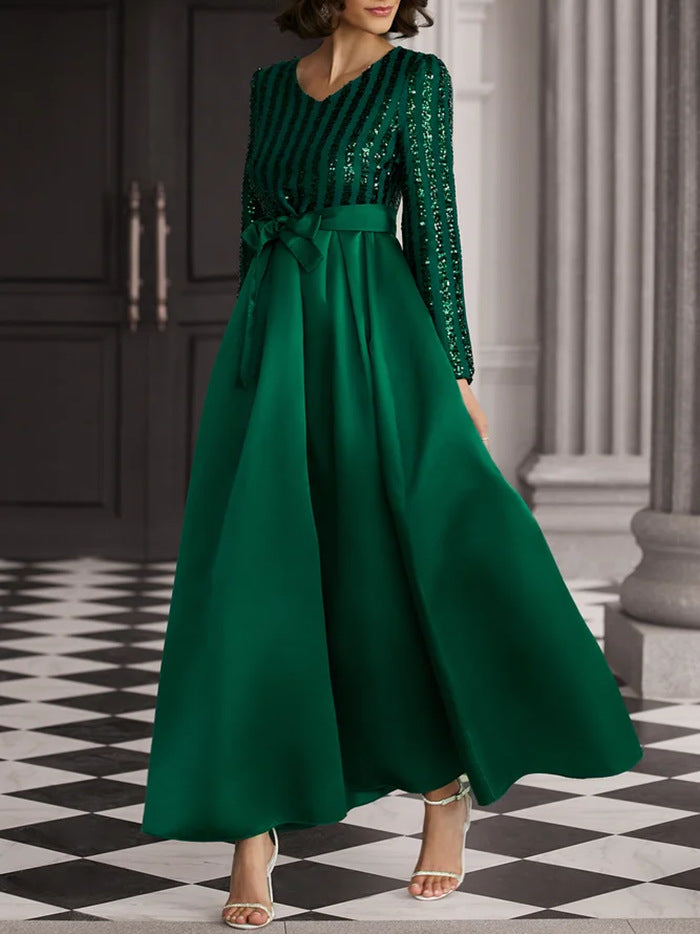 Damen Abendkleid Schimmerndes Oberteil Fließender Rock Eveloria
