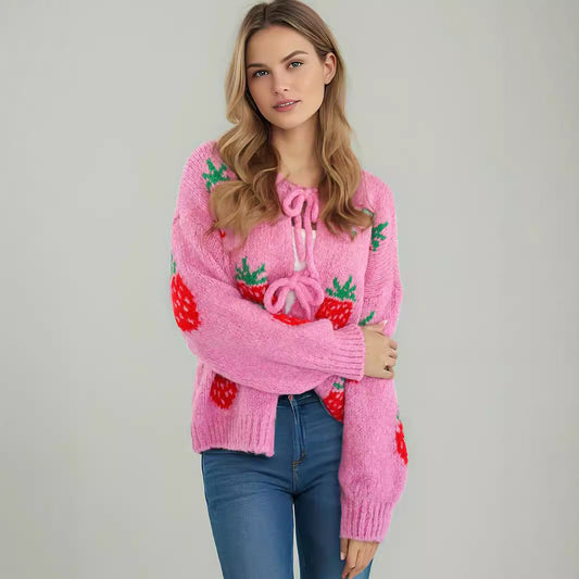 Damen Strickpullover Erdbeermotiv Rundhals Ballonärmel Rosa - Eveloria