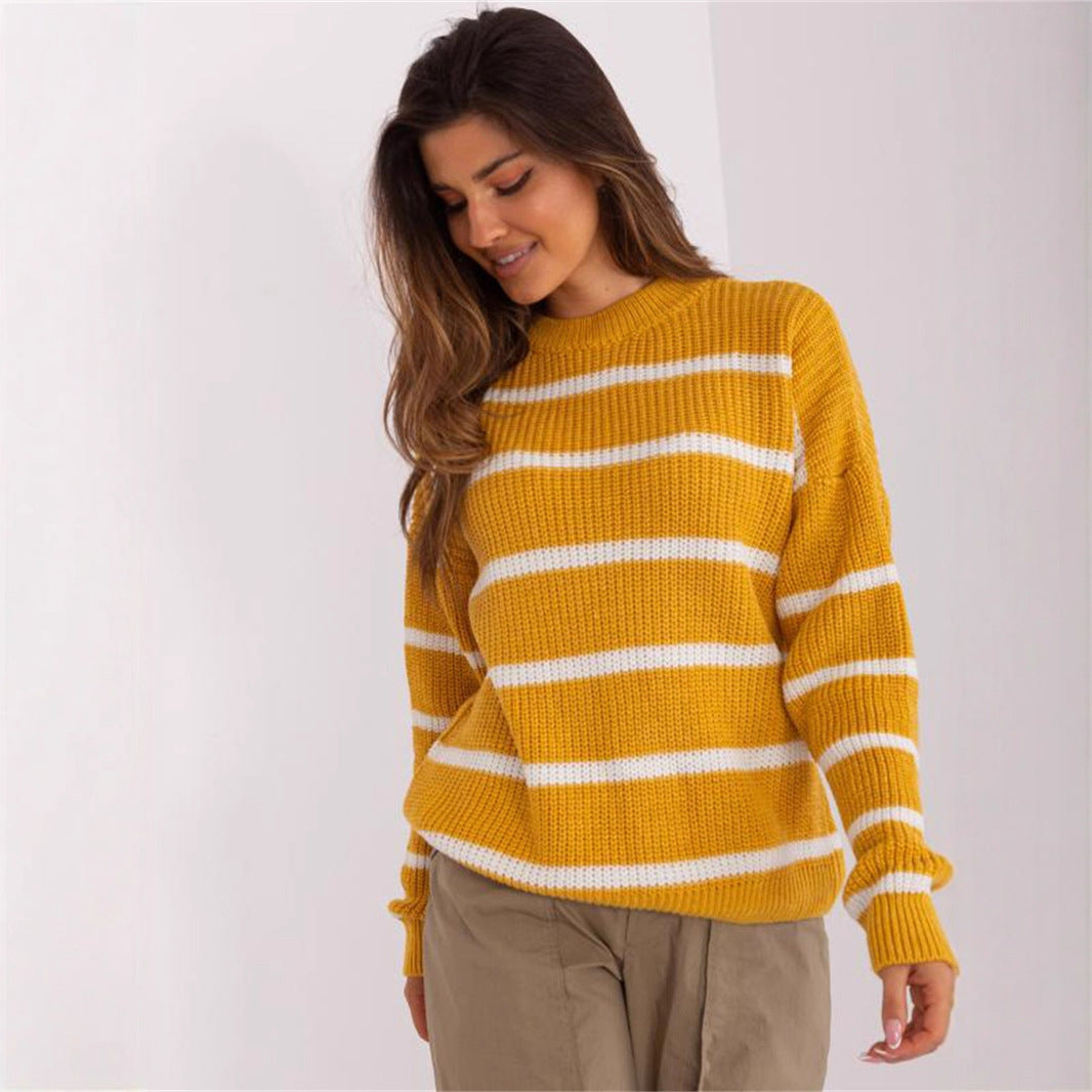 Damen Grobstrickpullover Lässiges Streifenmuster Rundhalsausschnitt
