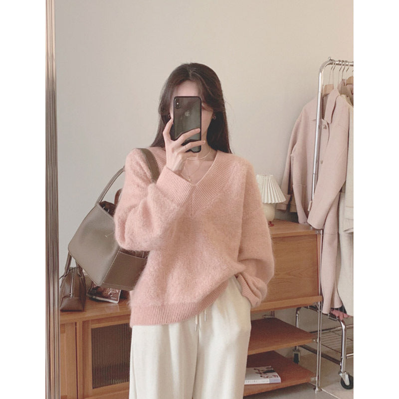 Damen Pullover V-Ausschnitt Mohair Flausch Eveloria