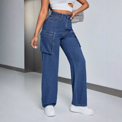 Damen Cargo-Jeans Hochbund Seitentaschen Eveloria - Eveloria