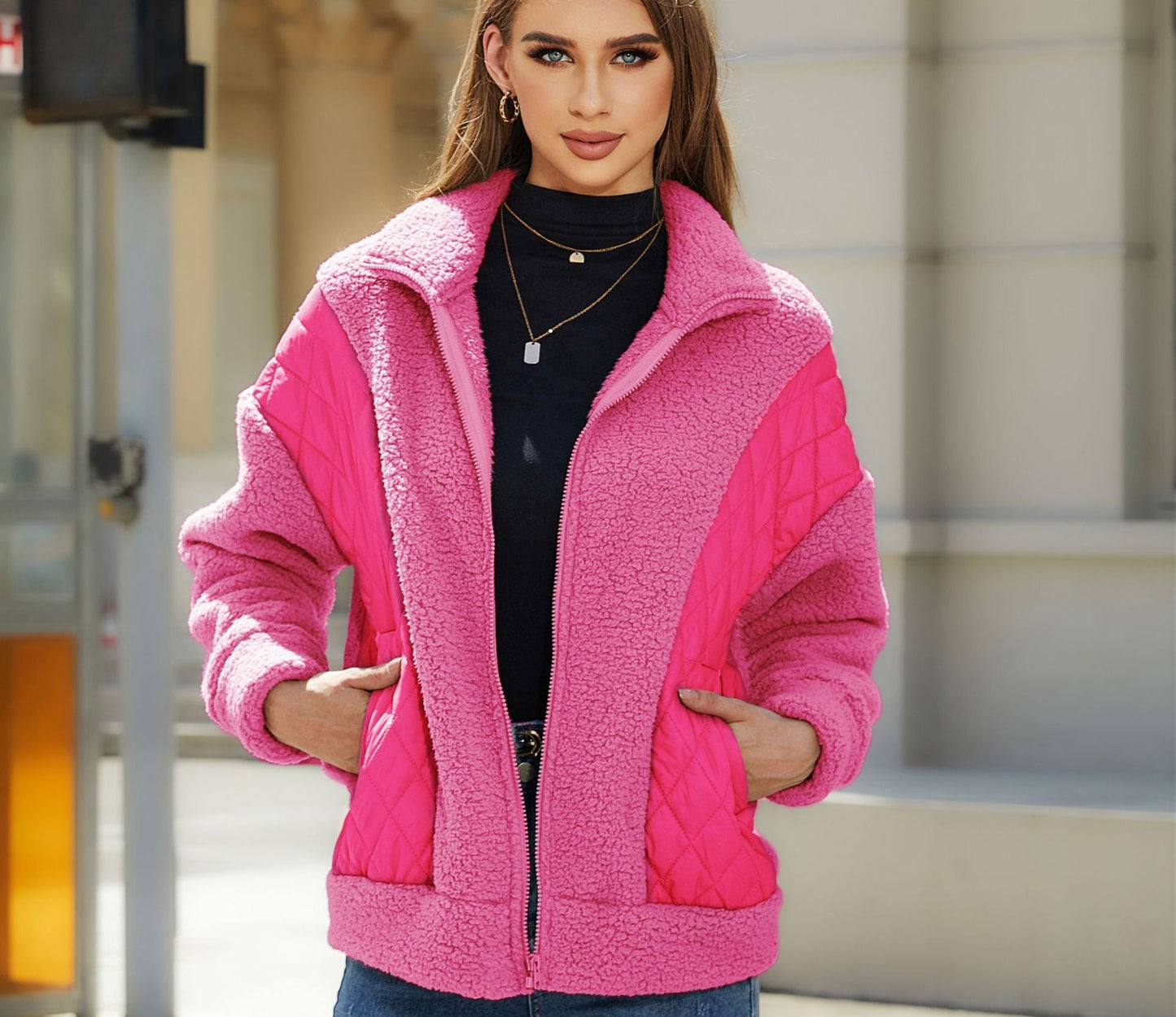 Damen Fleecejacke Steppdetails Praktische Taschen Kuschelig Grau