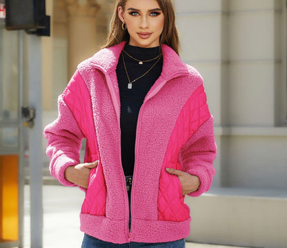 Damen Fleecejacke Steppdetails Praktische Taschen Kuschelig Grau