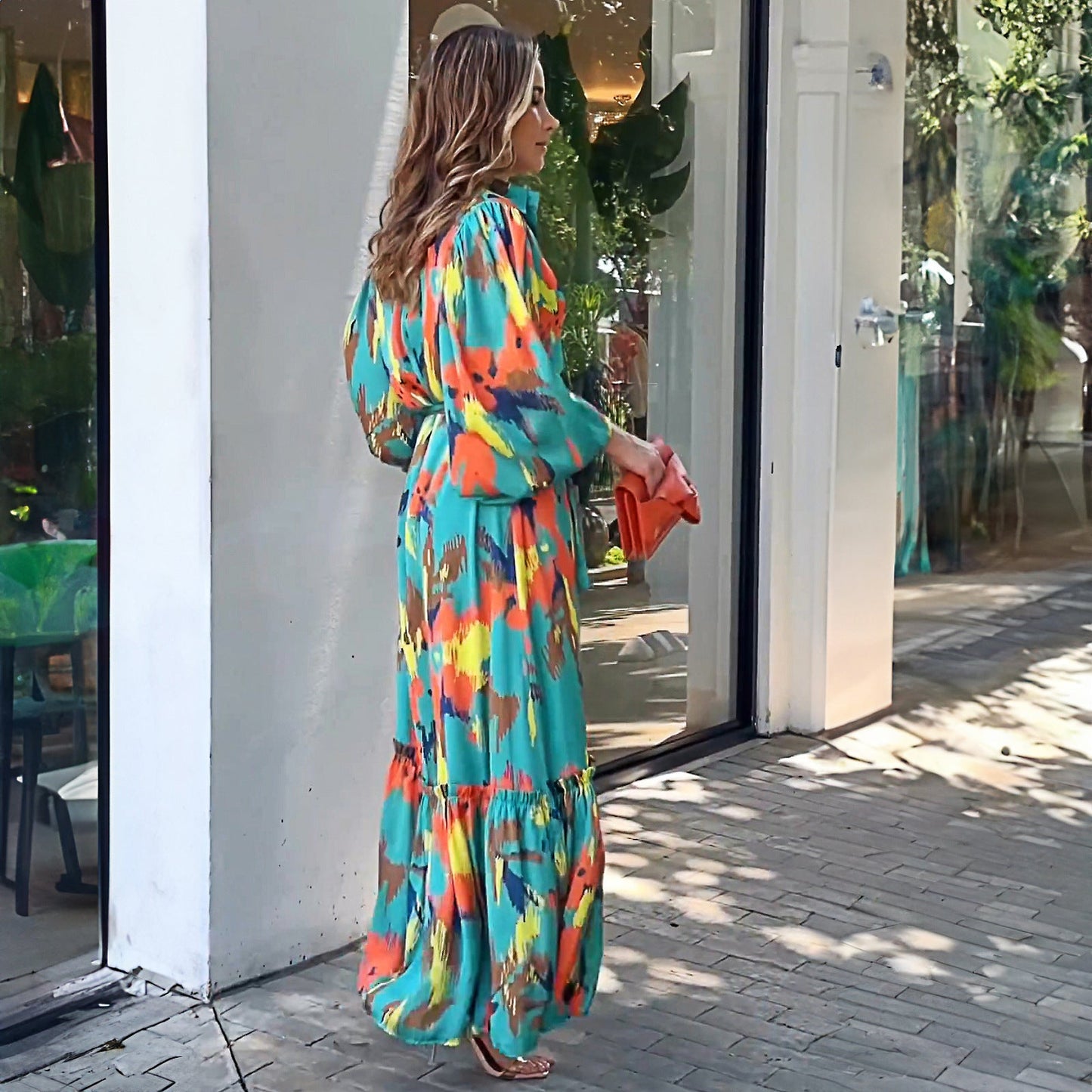 Damen Maxikleid Farbenfroh Voluminöse Ärmel Eveloria