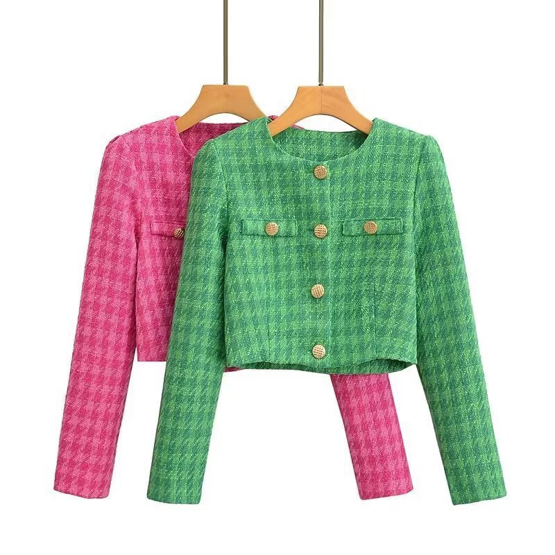 Damen Bouclé-Jacke Kurz Karomuster Elegant