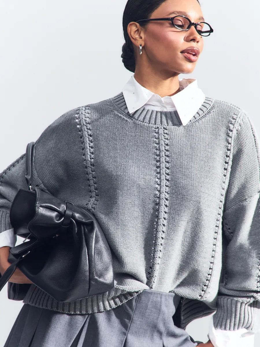 Damen Strickpullover Voluminöse Ärmel Dekoratives Lochmuster Eveloria
