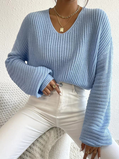 Damen Strickpullover Luftiger V-Ausschnitt Langer Ärmel Beige