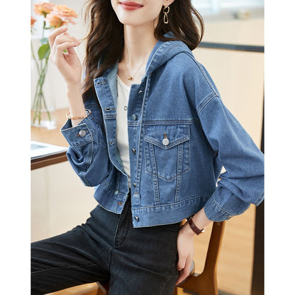 Damen Kurzjeansjacke mit Kapuze und Taschen Blau Eveloria