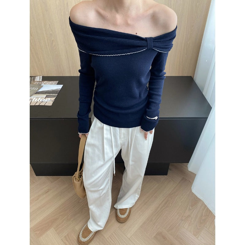 Damen Off-Shoulder Pullover Langärmlig Raffung Eveloria