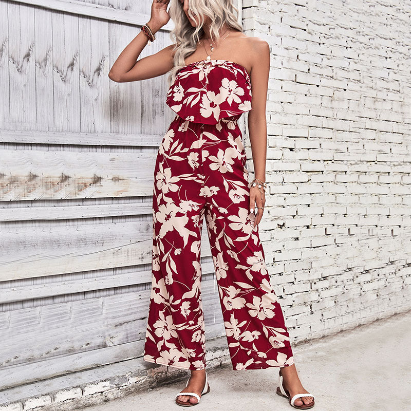 Damen Jumpsuit Florale Rüschen Atmungsaktives Material Weiß