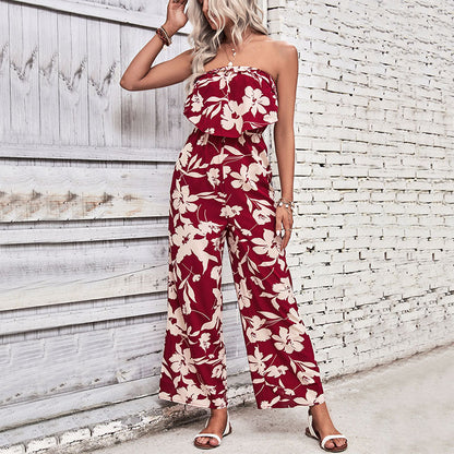 Damen Jumpsuit Florale Rüschen Atmungsaktives Material Weiß