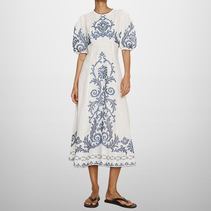 Damen Midikleid Stickmuster Voluminöse Ärmel Eveloria