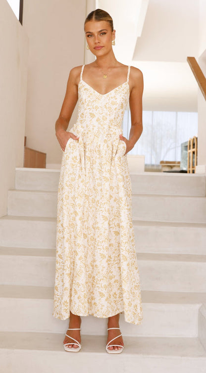 Damen Maxikleid feines Floralmuster Spaghettiträger Eveloria