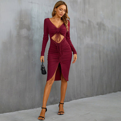 Damen Midi-Kleid Figurbetont Raffungen Cut-Out Eveloria