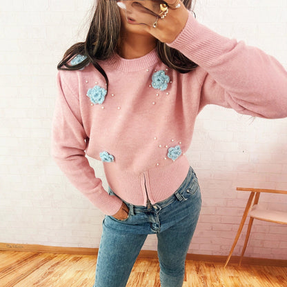 Damen Strickpullover mit Blumenapplikationen und Perlen - Eveloria