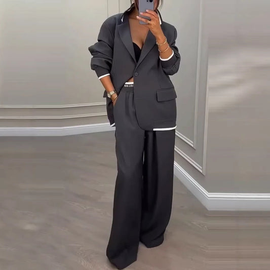 Damen Oversized Blazer-Set mit Anzughose Elegant Schwarz - Eveloria