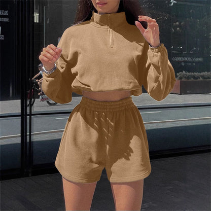 Damen Crop- Set Hochkragen Kürzere Hose Eveloria