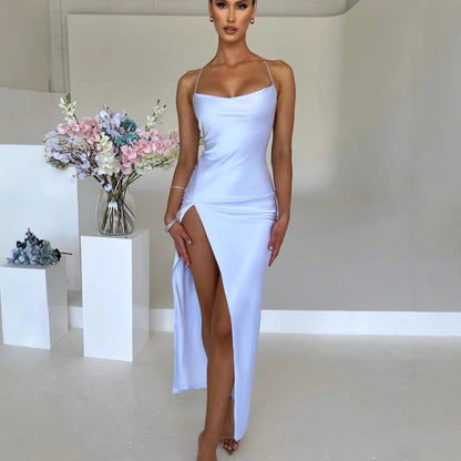 Damen Maxikleid Hochhängender Schlitz Schmales Trägerdesign