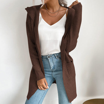 Damen Strickcardigan Lässig Hoher Kragen Offene Vorderseite Beige