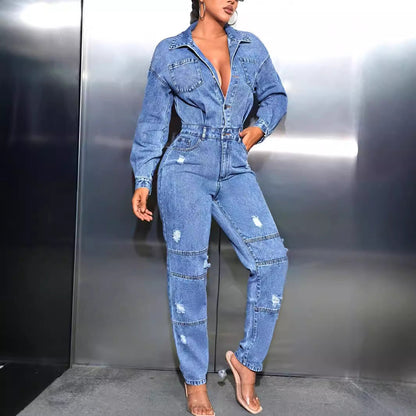 Damen Jeansoverall Tailliert Destroyed Blau Eveloria - Eveloria