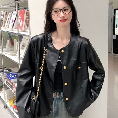 Damen Kunstlederjacke Goldene Knöpfe Eveloria