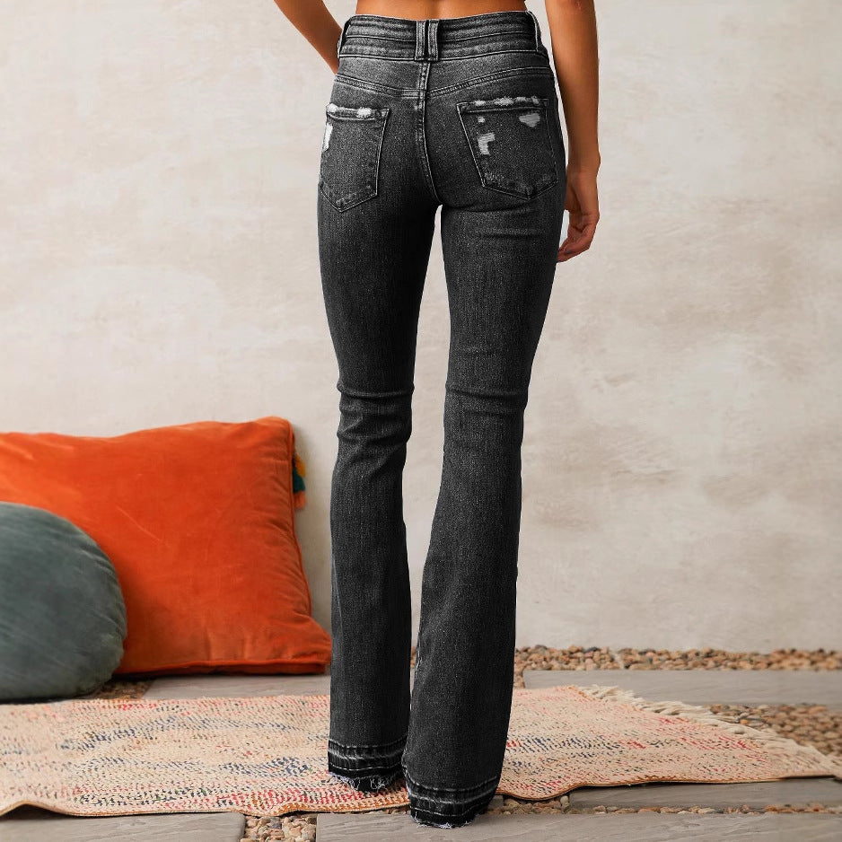 Damen Highwaist Bootcut Jeans Distressed Dunkelblau