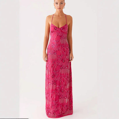 Damen Maxikleid V-Ausschnitt mit Applikationen Eveloria