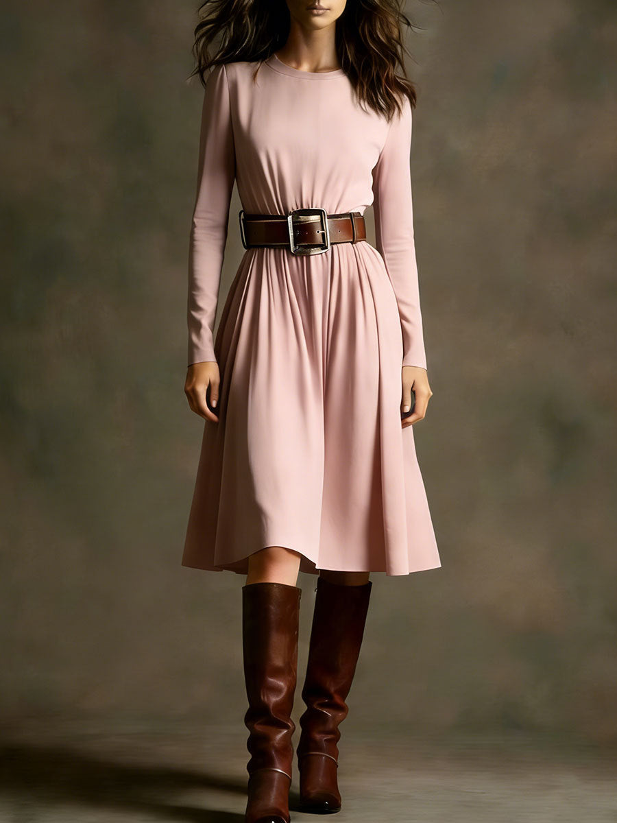 Damen Elegantes Kleid Langarm Taillengürtel Eveloria