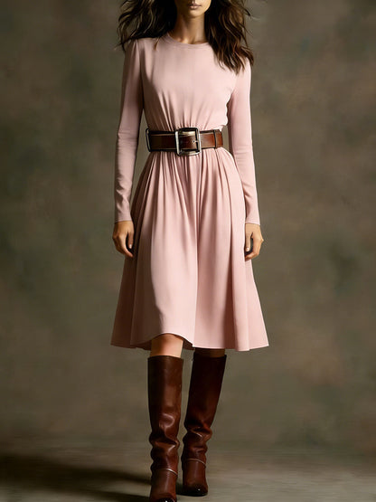 Damen Elegantes Kleid Langarm Taillengürtel Eveloria