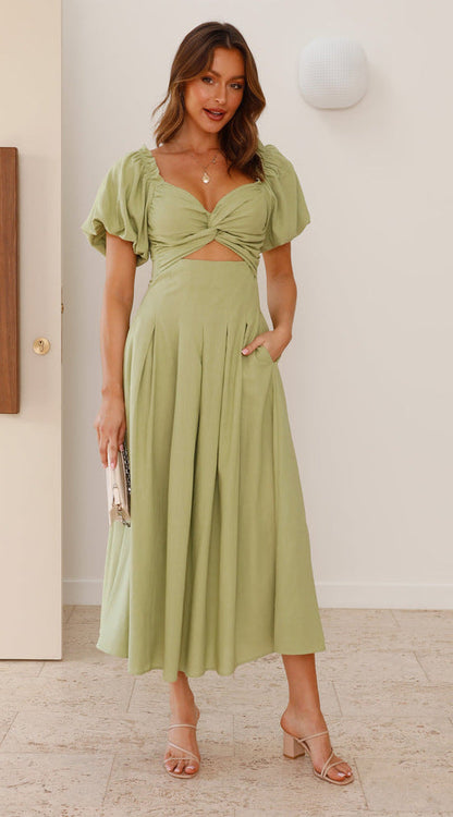 Damen Midikleid Puffärmel Verspielter Knoten Detail