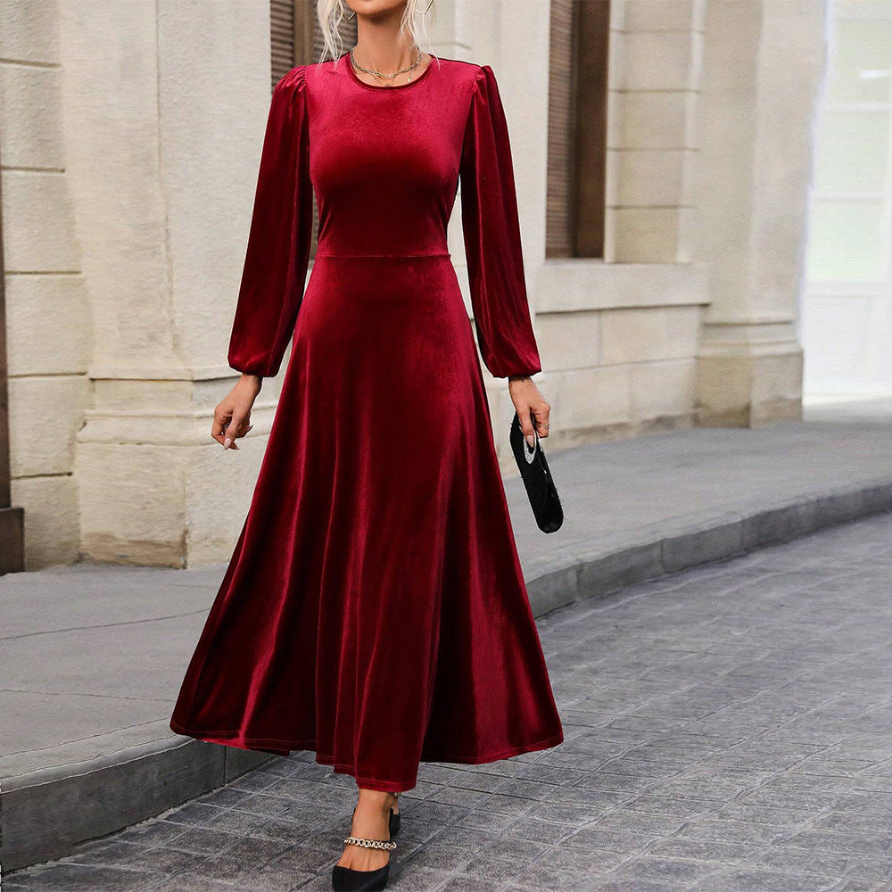 Damen Abendkleid Velour Längsärmig Schwingrock Schwarz Eveloria - Eveloria