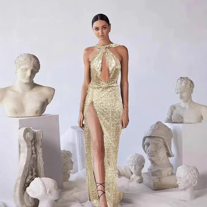 Damen Abendkleid Cut-Out Design Hochschlitz Schimmernd Eveloria