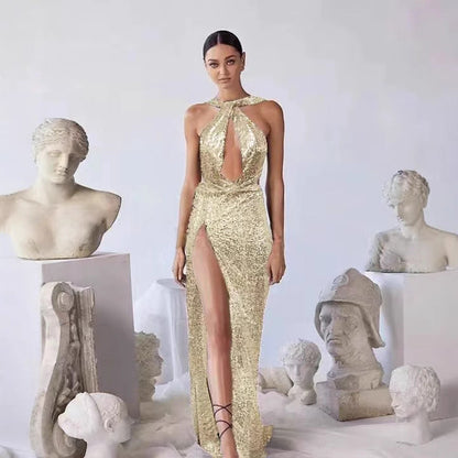 Damen Abendkleid Cut-Out Design Hochschlitz Schimmernd Eveloria