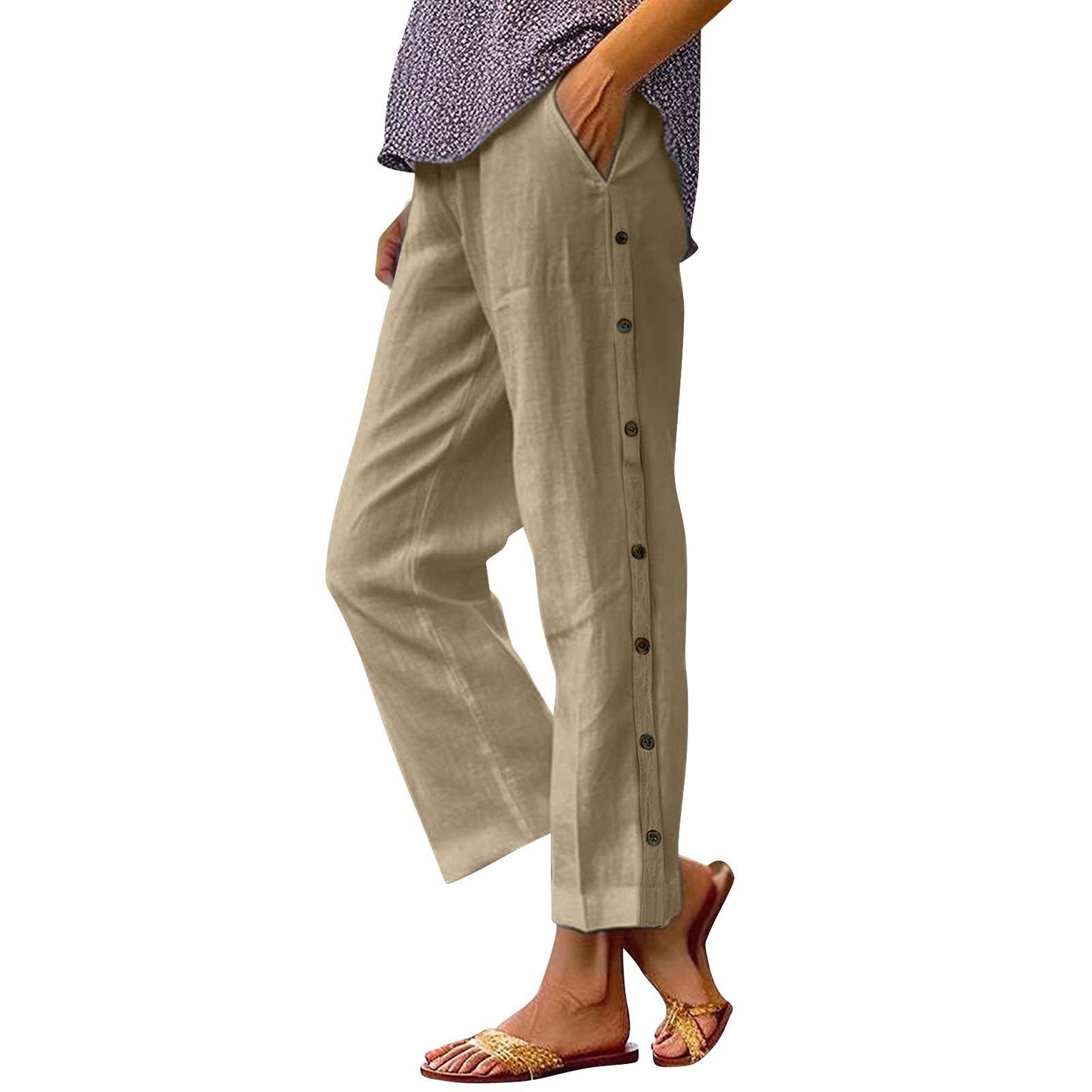 Damen Leinenhose Bequem Knöpfe Anthrazit