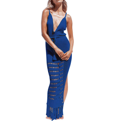 Damen Strickkleid V-Ausschnitt Fransen Eveloria