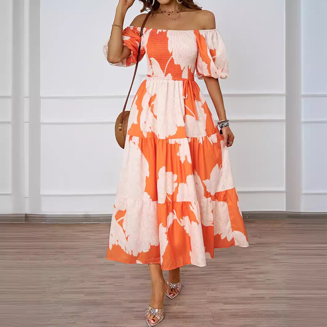 Damen Maxikleid Off-Shoulder Voluminöse Ärmel Floral-Print