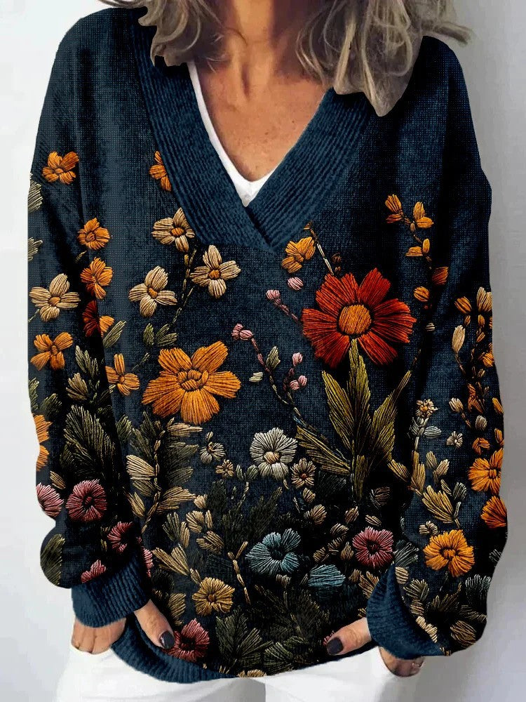 Damen Pullover V-Ausschnitt Floralmuster Lässig Eveloria