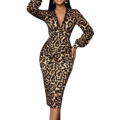 Damen Kleid Tiermuster V-Ausschnitt Elegantes Abendkleid