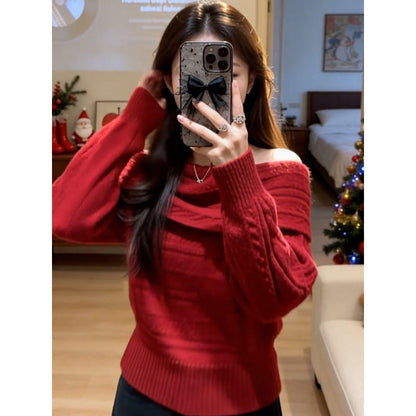 Damen Strickpullover Off-Shoulder Rippstruktur Eveloria