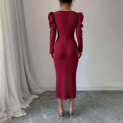 Damen Midi-Kleid Puffärmel Raffierter Schlitz Eveloria