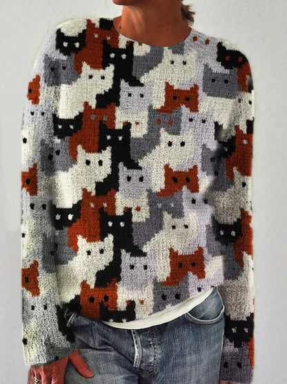 Damen Strickpullover Katzenmuster Eveloria