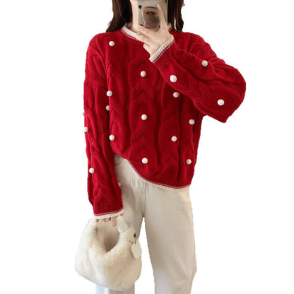 Damen Strickpullover Doppelter Zopf Dekorative Pompons