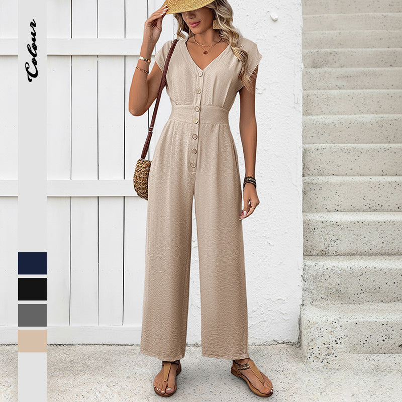 Damen Jumpsuit V-Ausschnitt Weitbein Schwarz Eveloria - Eveloria