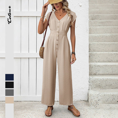 Damen Jumpsuit V-Ausschnitt Weitbein Schwarz Eveloria - Eveloria