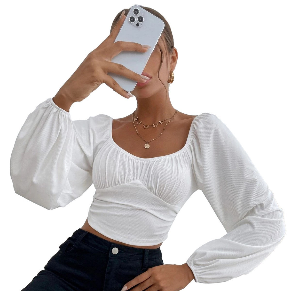 Damen Cropped Oberteil Puffärmel Figurbetonter Schnitt