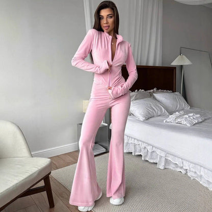 Damen Fleece Jogginganzug Elegant Reißverschluss Ausgestellte Beine
