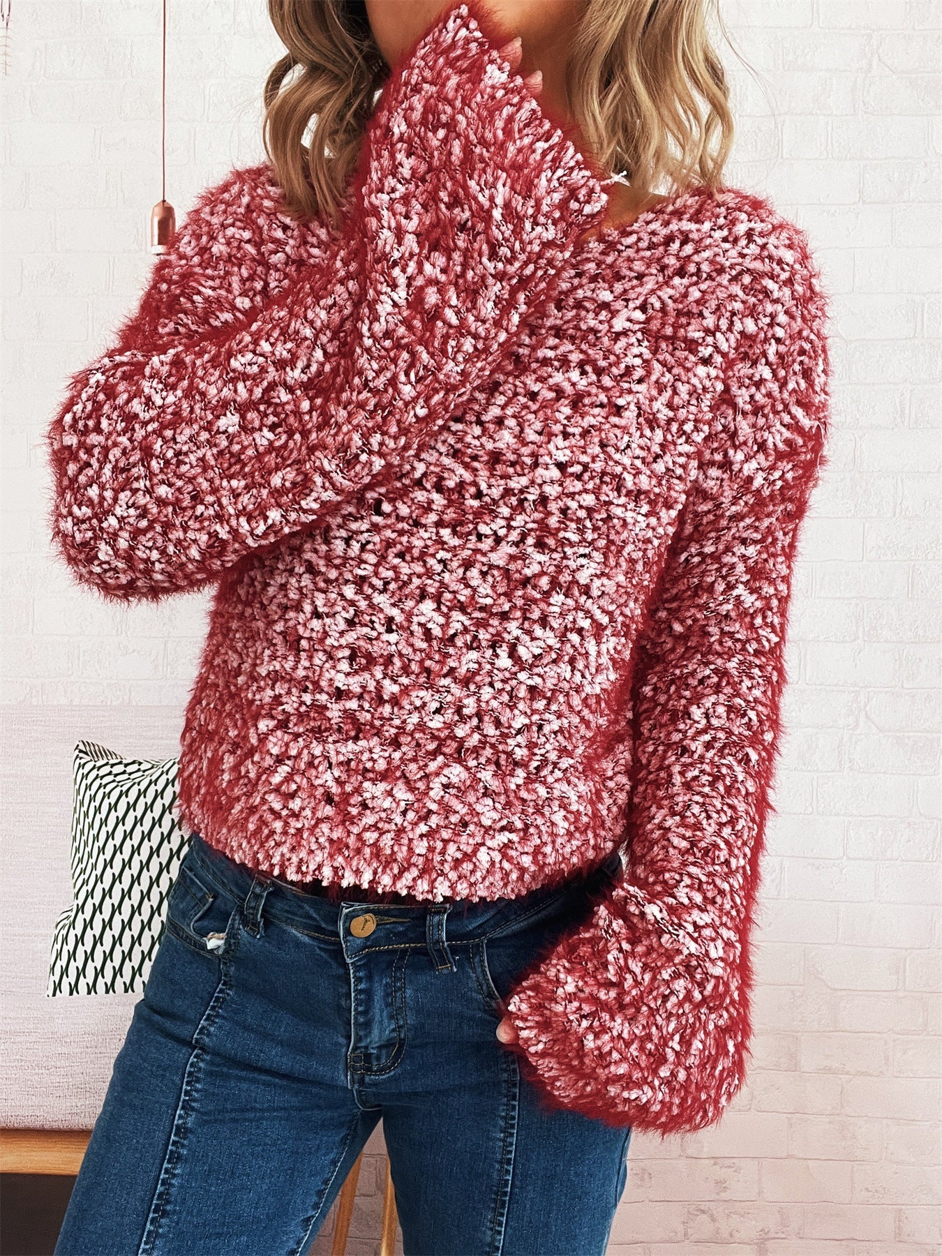 Damen Strickpullover Kuschelig Struktur Oberfläche Weite Ärmel Beige