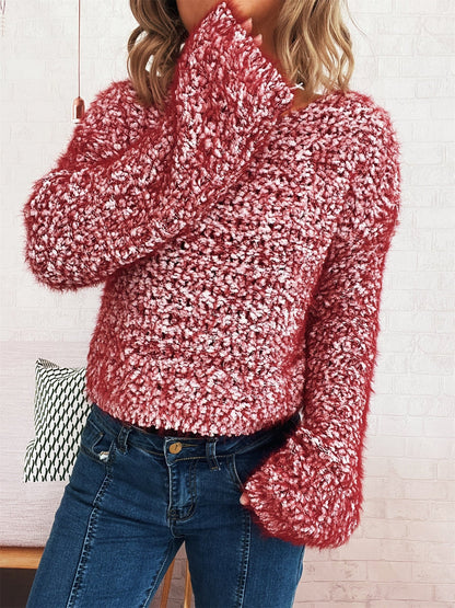 Damen Strickpullover Kuschelig Struktur Oberfläche Weite Ärmel Beige