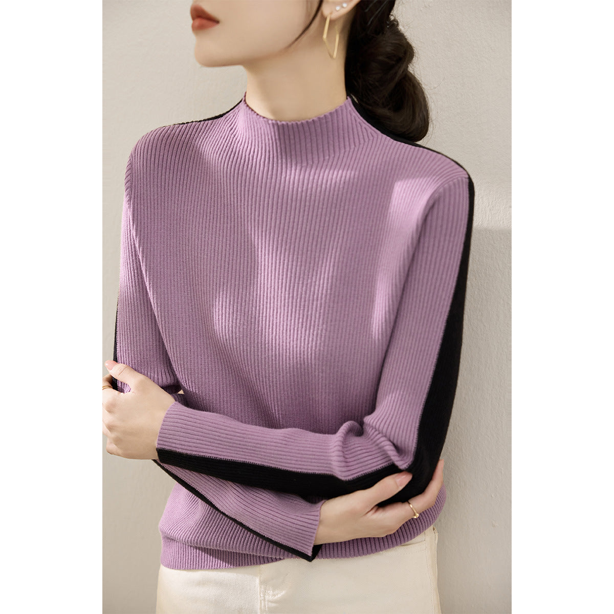 Damen Rollkragenpullover Strukturiertes Rippdesign Kontrastärmel Grau