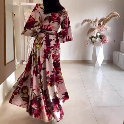 Damen Blumenkleid Tailliert Gürtel Weite Ärmel Eveloria